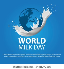 World Milk Day. globe milk splashed with a glass of milk, as world milk day creative banner, poster, social media post, festoon, billboard, backdrop, greetings