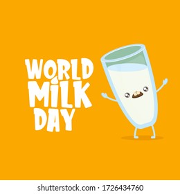 World milk day greeting banner with funny cartoon cute smiling milk glass character isolated on orange background.  Happy milk day concept illustration with Kids kawaii food funky character.