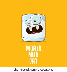 World milk day greeting banner with funny cartoon cute smiling milk glass character isolated on orange background.  Happy milk day concept illustration with Kids kawaii food funky character.