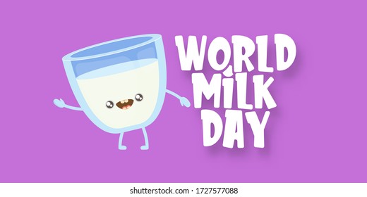 World milk day greeting banner with funny cartoon cute smiling milk glass character isolated on violet background.  Happy milk day concept illustration with Kids kawaii food funky character.