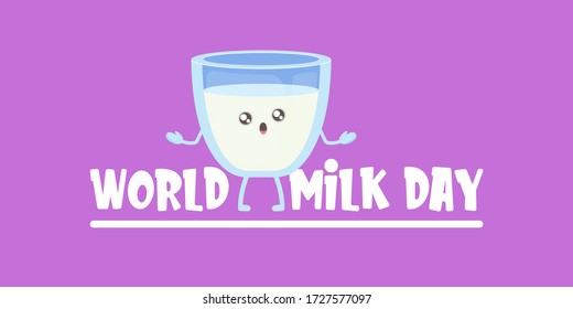 World milk day greeting banner with funny cartoon cute smiling milk glass character isolated on violet background.  Happy milk day concept illustration with Kids kawaii food funky character.