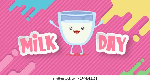 World milk day greeting banner with funny cartoon cute smiling milk glass character isolated on pink background. Happy milk day concept illustration with Kids kawaii food funky character.