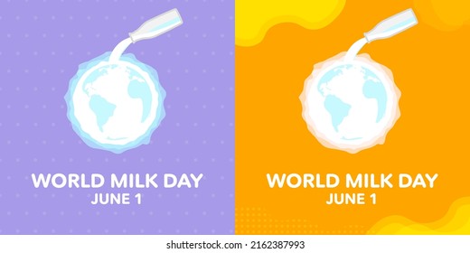 World Milk Day Greeting. Square Format. Milk from bottle poured into globe. Celebrated June 1. Vector Illustration. Editable. Minimalist, flat. EPS 10. For social media, web, flyers, designs, logo.