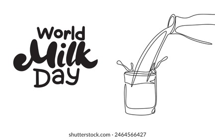 World Milk Day holiday text banner. Liquid from bottle line art. Hand drawn vector art.