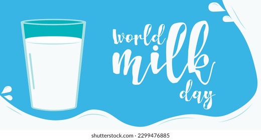 World Milk Day. Horizontal blue background design. A glass of milk. Template for a website, poster, banner, flyer. Vector illustration.