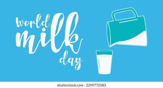 World Milk Day. Horizontal blue background design. Milk is poured into a glass from a jug. Template for a website, poster, banner, flyer. Vector illustration.