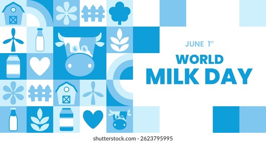 Fundo da ilustração do Dia Mundial do Leite para o modelo da web, página inicial com mosaico de natureza geométrica