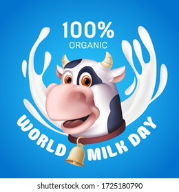 World milk day inscription with white yogurt splashes and the smiling cow cartoon character head. Vector illustration of a horned domestic animal with a golden bell on the blue background