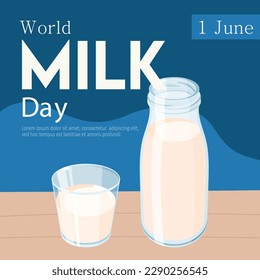 World Milk Day, June 1, concept greeting card with a glass of milk, glass bottle and text. Typographic design, vector square banner for email newsletter, invitations, farm holiday announcement.