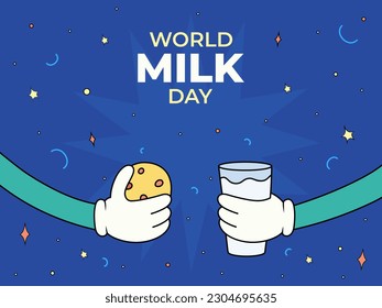 World Milk Day. June 1. Horizontal banner with cartoon hands with a glass of milk and cookies. Holiday concept. Retro style poster.