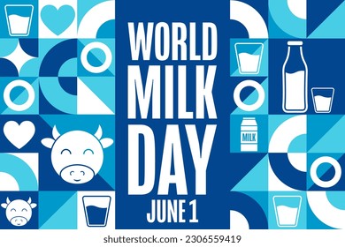 World Milk Day. June 1. Holiday concept. Template for background, banner, card, poster with text inscription. Vector EPS10 illustration