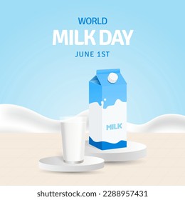 World Milk Day June 1st with a milk glass and milk box on the podium illustration design