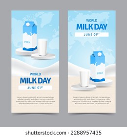 World Milk Day June 1st vertical banner with a milk glass and milk box on the podium illustration