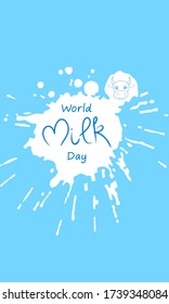 Ilustración vectorial de letras del Día Mundial de la Leche para tarjeta de saludos. Leche y gotas. Decoración para tarjetas de felicitación, carteles, parches, impresiones, banner, volante y otros.