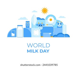 World Milk Day. Modern background with cow, milk, flowers. Vector illustration of geometric shapes.