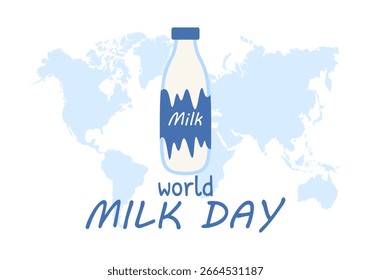 Día mundial de la leche. Leche en una botella de plástico. Antecedentes, Anuncio, cartel para el 1 de junio. Ilustración vectorial.