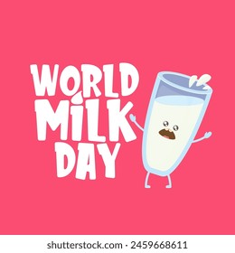 World milk day poster, banner with funny cartoon cute smiling milk glass character isolated on azure background. Happy milk day concept illustration with Kids kawaii food milk funky character.