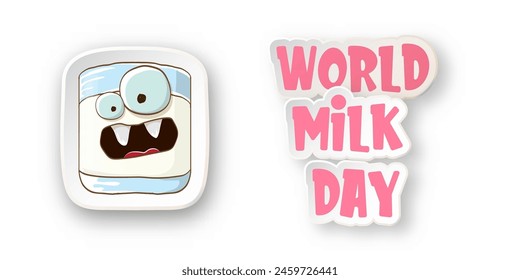 World milk day poster and banner with funny cartoon cute smiling milk glass character isolated on transparent white background. Happy milk day concept illustration with kawaii milk funky character.