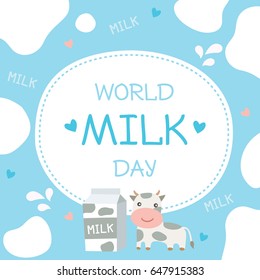 World Milk Day Poster Decorated With Milk Box And Cow Pattern On Blue Background.