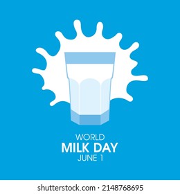 World Milk Day Poster with glass of milk and white splash icon vector. Full glass of milk icon vector isolated on a blue background. Milk Day Poster, June 1. Important day