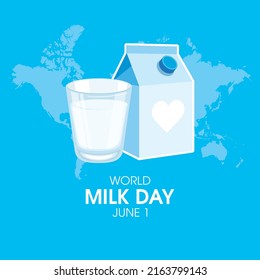 World Milk Day Poster with glass of milk icon vector. Full glass of milk, box of milk and world map icon vector isolated on a blue background. June 1. Important day