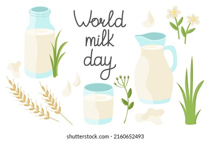 World Milk Day set of healthy drink with jug, jar, glass, lettering, grass, flowers. Vector illustration for design or decoration.