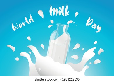 World Milk Day Vector Background Illustration. Milk Splash with Ripples and Drops. Milk glass bottle. Milk Splash Text. International day. Banner, Card, Design Elements, Poster for website or print. 