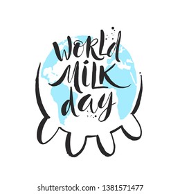Weltmilchtag - Vektorgrafik. KuhEuter mit Weltkarte Silhouette und handgezeichnet Schrift. Grußkarte mit Pinselkalligrafie.