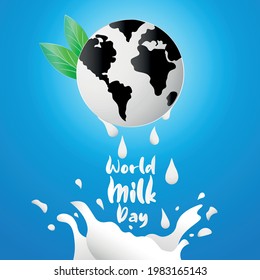World Milk Day Vector Illustration pouring milk from planet earth with cow pattern. International Milk Day Background. Milk splash with Ripples and Drops. Banner, Card, Poster for web or print.