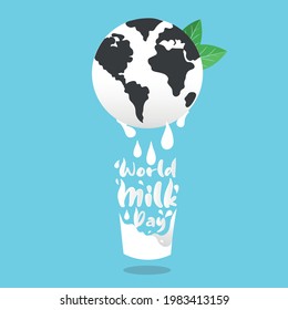 World Milk Day Vector Illustration pouring milk from planet earth with cow pattern. International Milk Day Background. Milk splash with Ripples and Drops. Banner, Card, Poster for web or print.
