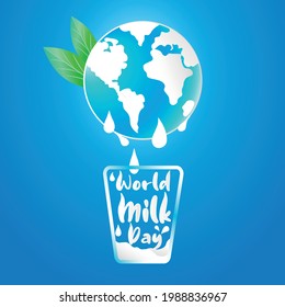 World milk day vector illustration pouring fresh milk on earth and into a cup. International Milk Day Background. Banner, Card, Background, Design elements, Poster for Website or for Print.