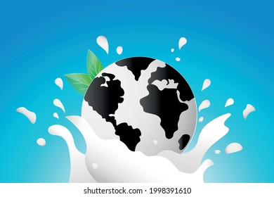 World Milk Day Vector Illustration splashing milk from planet earth with cow pattern. International Milk Day Background. Milk splash with Ripples and Drops. Banner, Card, Poster for web or print.