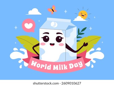World Milk Day Vector Illustration with Milk Bottle and Cute Cow Celebrating Dairy on June 1 in flat Style Cartoon Background