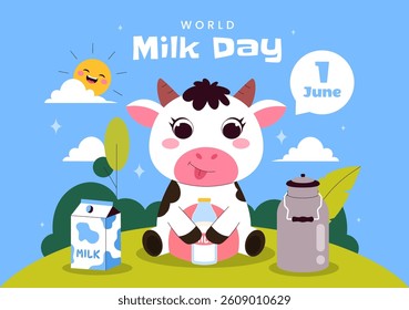 World Milk Day Vector Illustration with Milk Bottle and Cute Cow Celebrating Dairy on June 1 in flat Style Cartoon Background