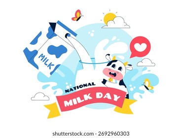 Dia Mundial do Leite Vetor Ilustração Com uma garrafa de leite e bonito Vaca comemorando produtos láteos no plano de fundo dos desenhos animados
