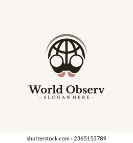 Vector de diseño del logotipo de la Misión Mundial. Plantilla de símbolo de globo y binocular.