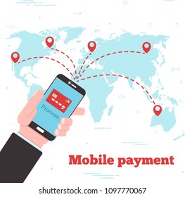 World mobile payment concept in line art style. Banking and finance, ecommerce service, mobile payment, retail and shopping. Transfer money with smartphone. Pin pointers on world map