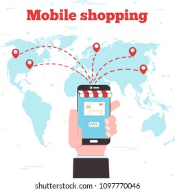 World mobile shopping concept in line art style. Banking and finance, money remittance, mobile payment, retail and shopping. Transfer money with smartphone. Pin pointers on world map