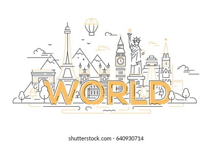 World - modern vector line travel postcard illustration. Discover Russia, England, USA, France. Have a trip, enjoy your vacation. Be on a journey. See landmarks like stature of liberty, kremlin, tower