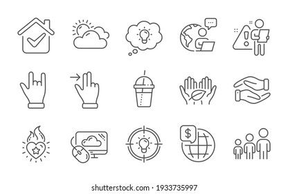 World money, Business hierarchy and Sunny weather line icons set. Idea, Horns hand and Energy signs. Fair trade, Touchscreen gesture and Cloud computing symbols. Line icons set. Vector