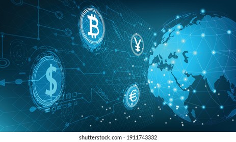 World money with financial communications.World wide web electronic cryptocurrency and modern technology.Online banking,Vector modern technology and financial communications concept.