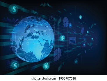 World money with financial communications.World wide web electronic cryptocurrency and modern technology.Online banking,Vector modern technology and financial communications concept.