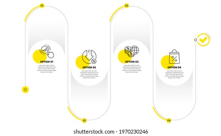 World money, Graph chart and Loan percent line icons set. Timeline process infograph. Shopping bag sign. Global markets, Get report, Decrease rate. Supermarket discounts. Finance set. Vector