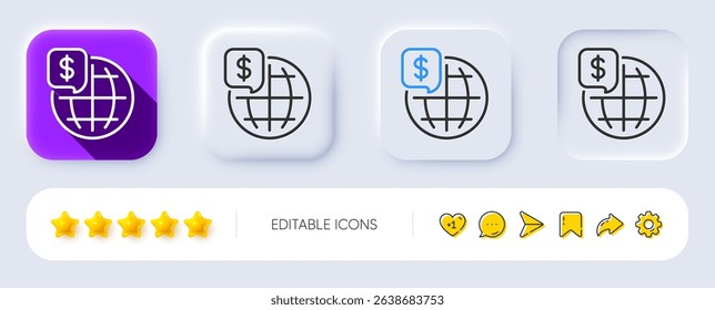 World money line icon. Neumorphic, Flat shadow, 3d buttons. Global markets sign. Internet payments symbol. Line world money icon. Social media icons. Vector