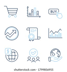 World money, Market sale and Buy button line icons set. Diploma certificate, save planet, group of people. Audit, Diagram graph and Infochart signs. Vector