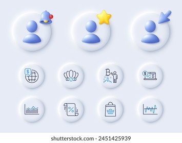 World money, Online accounting and Online buying line icons. Placeholder with 3d cursor, bell, star. Pack of Bitcoin project, Crown, Loan percent icon. Money diagram, Stock analysis pictogram. Vector