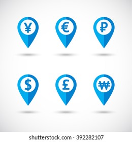 World Money Symbols Flat Style Icons Set. World Currency Signs In Navigation, Geolocation Symbols Set.  Forex. Binary Options.