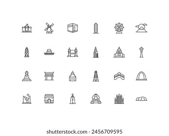 World Monument vector illustration icons set and logos of top tourist attractions, historical buildings and towers