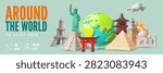 World monuments 3D vector asset pack design. Big Ben clock tower. Torii gate, Statue of liberty. Great Wall of China. Eiffel Tower. Pyramid of Cheops, The Taj Mahal. Earth planet and airplane