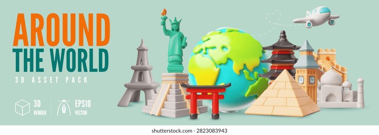 World monuments 3D vector asset pack design. Big Ben clock tower. Torii gate, Statue of liberty. Great Wall of China. Eiffel Tower. Pyramid of Cheops, The Taj Mahal. Earth planet and airplane